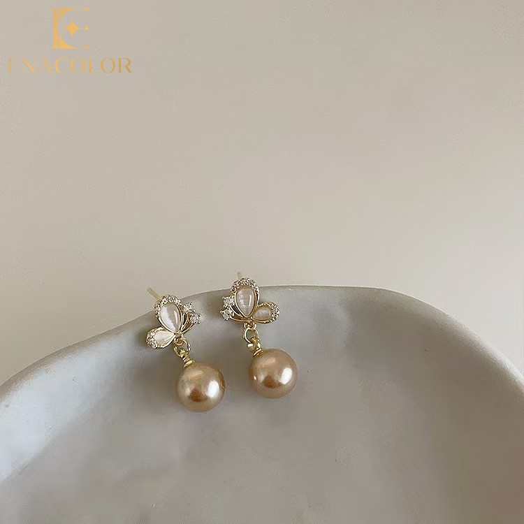 Enacolor Elegant Pearl Butterfly Earrings Crystal Opal Earrings for Women Ins Girl