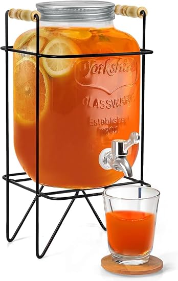 4 Litre Glass Water Dispenser with Stand - Glass Jug with Airtight Lid for Detox Water - Mason Jar - Beer Infused Water Juice Dispenser for Home Restaurant