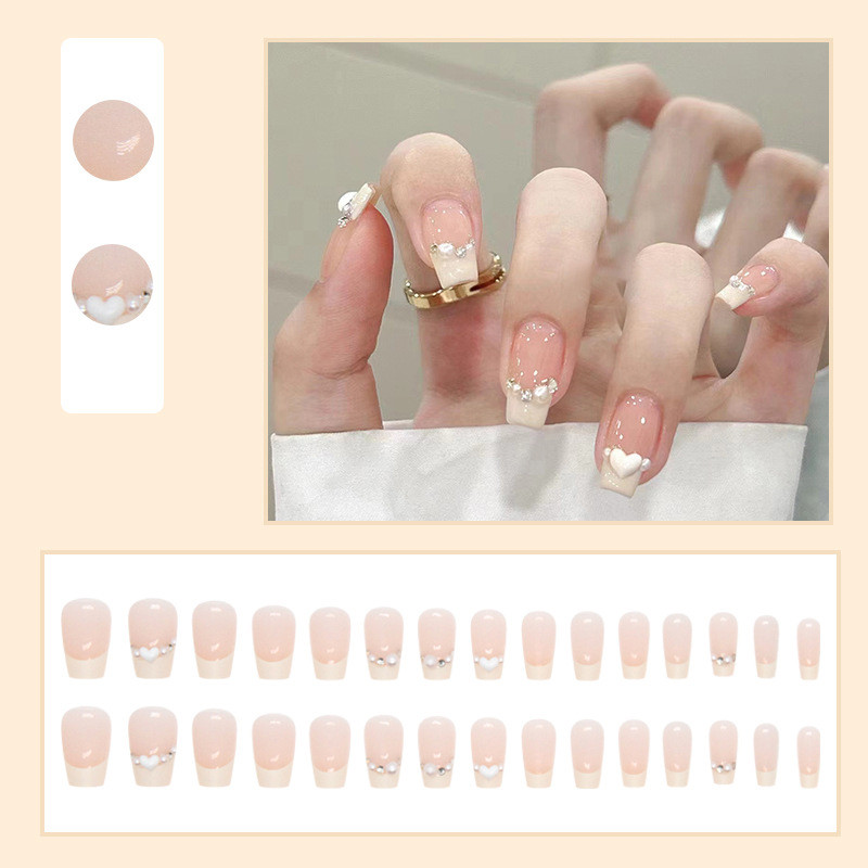 Enacolor 24Pcs Simple Pink and whitePearl Fake Nails with Glue DIY Art Design False Nails Wearable Artificial Nails