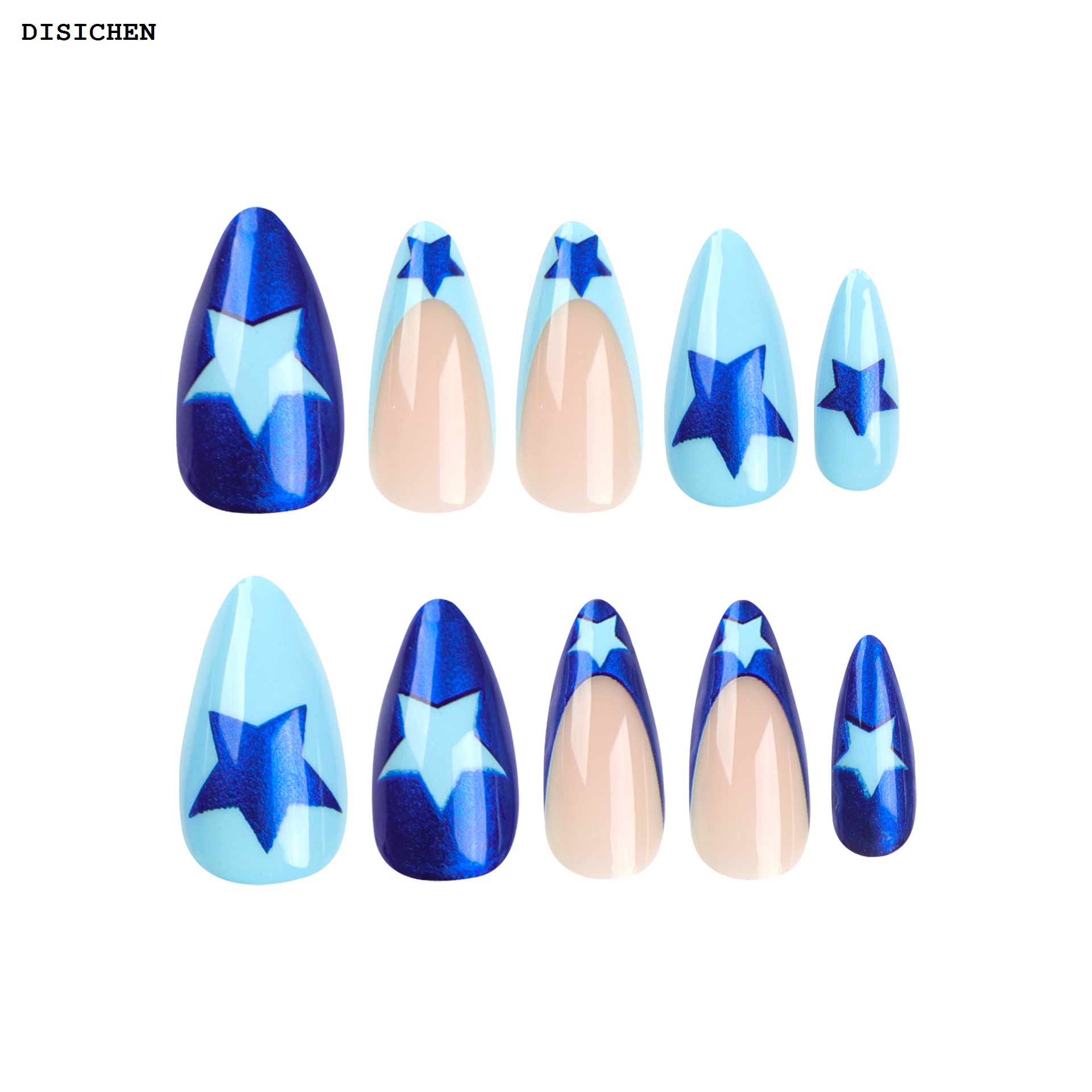 DISICHEN 2025 Fashion Cool Light Blue Stars Deep Blue Glitter Almond Shape Nails Detachable Finished False Nails Press on Nails with Glue