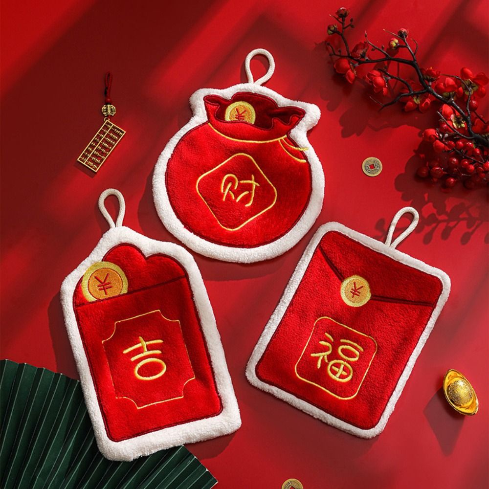 Cute Soft Hand Towel Super Absorbent Red Bag Hanging Towel With Hanging Loop Coral Velvet Bath Towel New Year