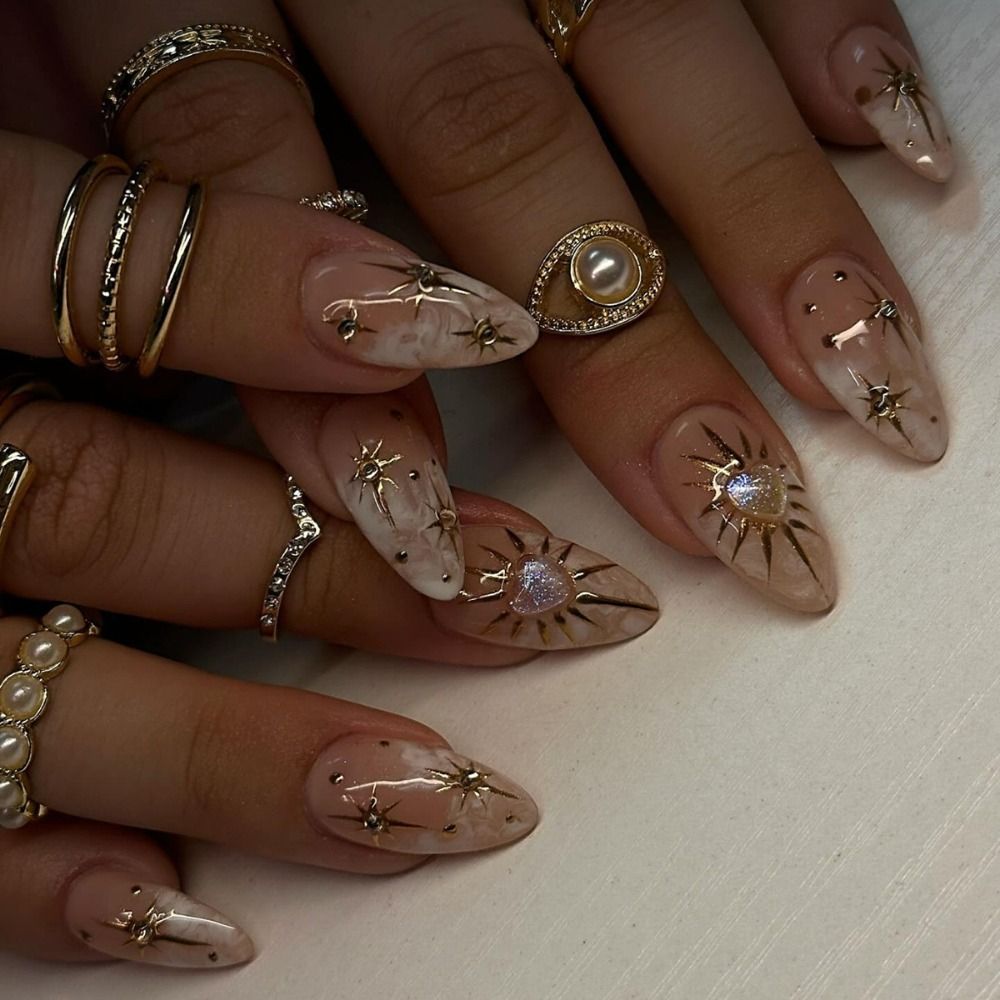 24pcs Manicure Long Almond False Nails Crystal Heart White Flower Shining Starburst Gold Bow Press on Nails Detachable French Fake Nails Women