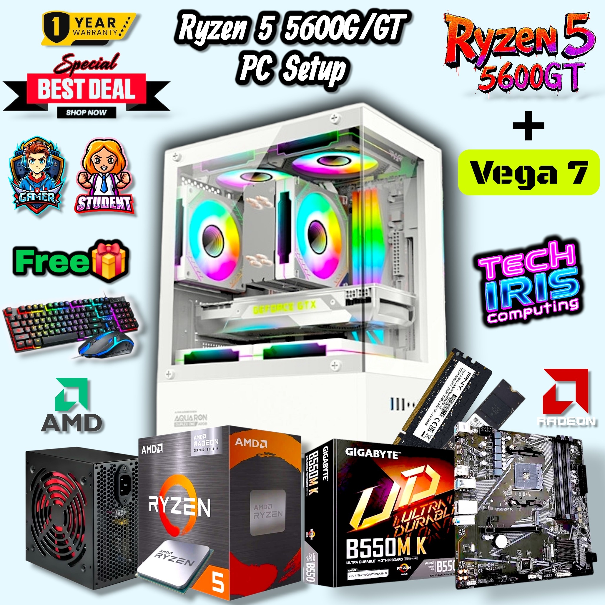 AMD Ryzen 7 5700G Powered Transparent Gaming Editing PC Setup With 800Watt PSU, 8/16GB DDR4 RAM, 512/256GB Nvme M.2 SSD Gaming CPU
