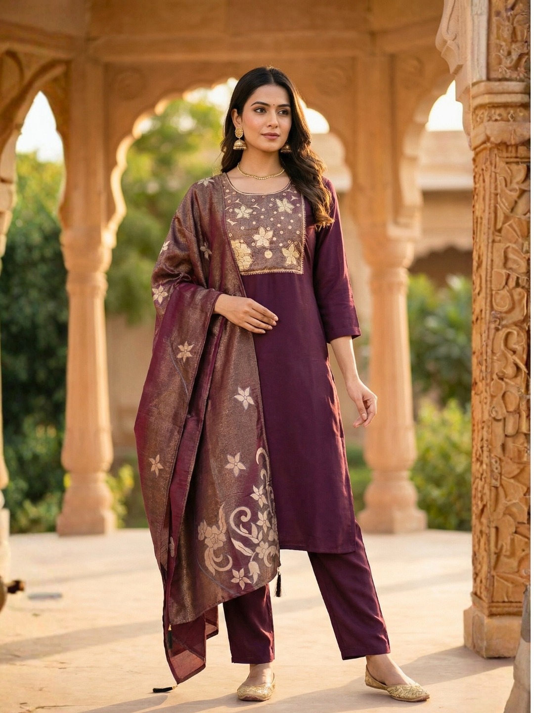 Imperial Plum Silk Handwork Suit - Deep Plum (3 PC) By Noor Fashion Nepal