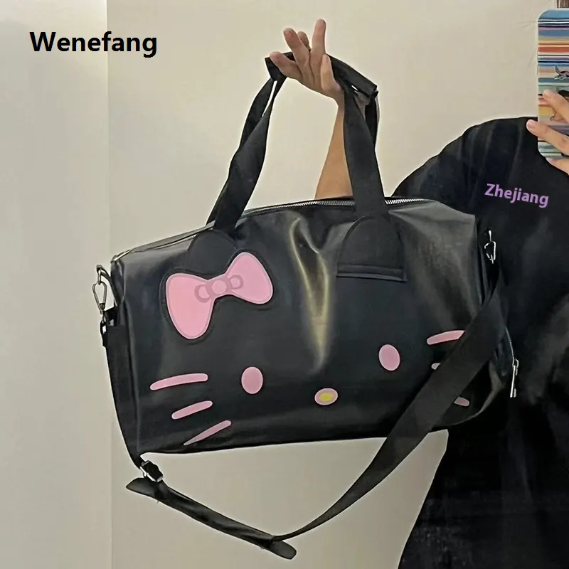Wenefang sanrio Hello Kitty Cartoon Large Bag shoulder Leather PU Portable High Quality Gym Bag Crossbody Large Capacity Travel Bag Personality