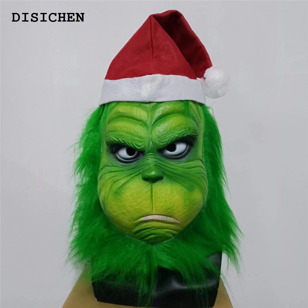 DISICHEN Portable Cute Christmas Green Haired Cosplay Mask Latex Halloween Full Head Latex Mask Cosplay Christmas Thief Costume Mask Props