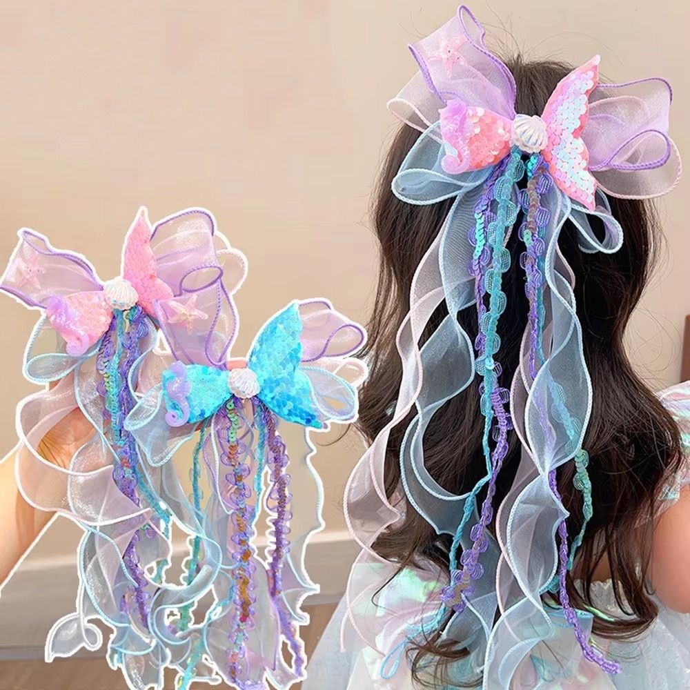 Cute Children's Ribbons Hairpin Princess Little Girl's Bow Hair Clips Sweet Mermaid Barretes for Kids