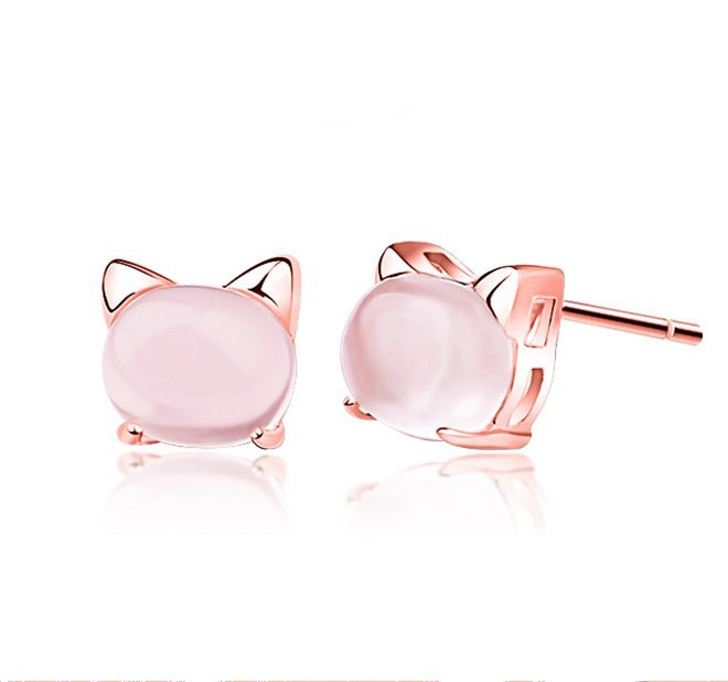 【New Gold Earrings Women's Pink Kitten Earrings Elegant Hibiscus Stone Silver Jewelry