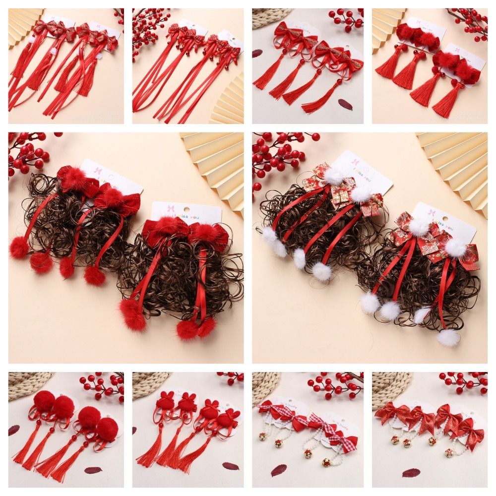 2pcs Party Chinese Style Baby Wig Hairpin Cute Curly Children's Bow Wig Kids Headwear Fluffy Red Bowknot Hairclip New Year Festive