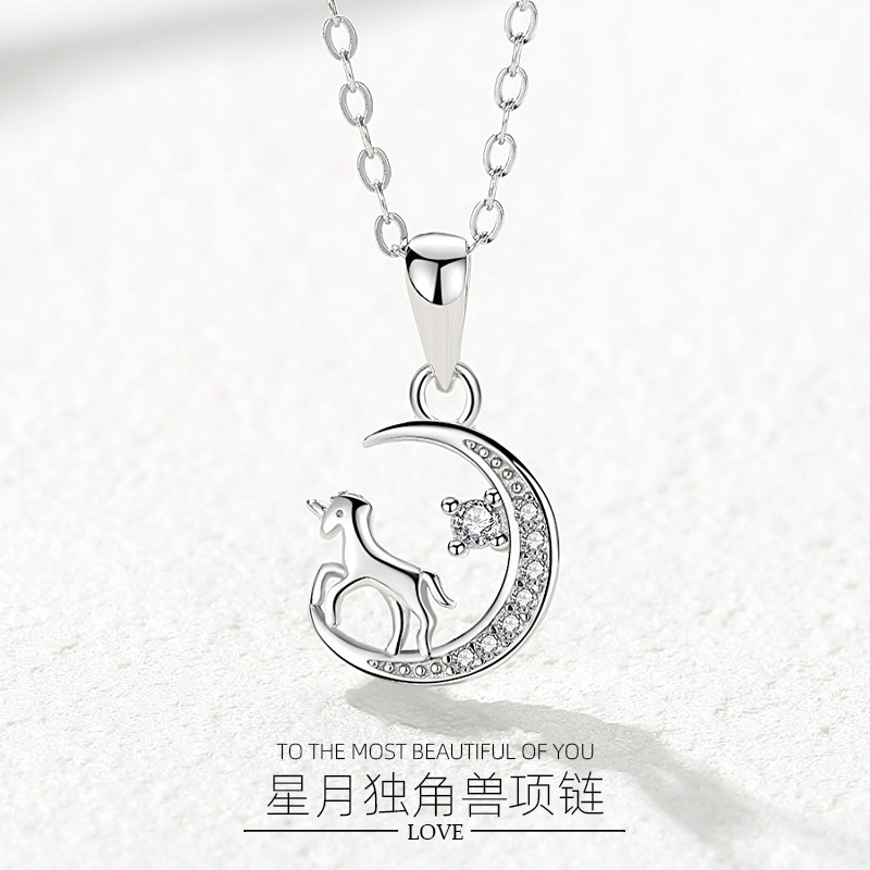 【Mega Sale】2021 New Star and Moon Unicorn Necklace Female Niche Design Sense Style All-match Diamond Pendant