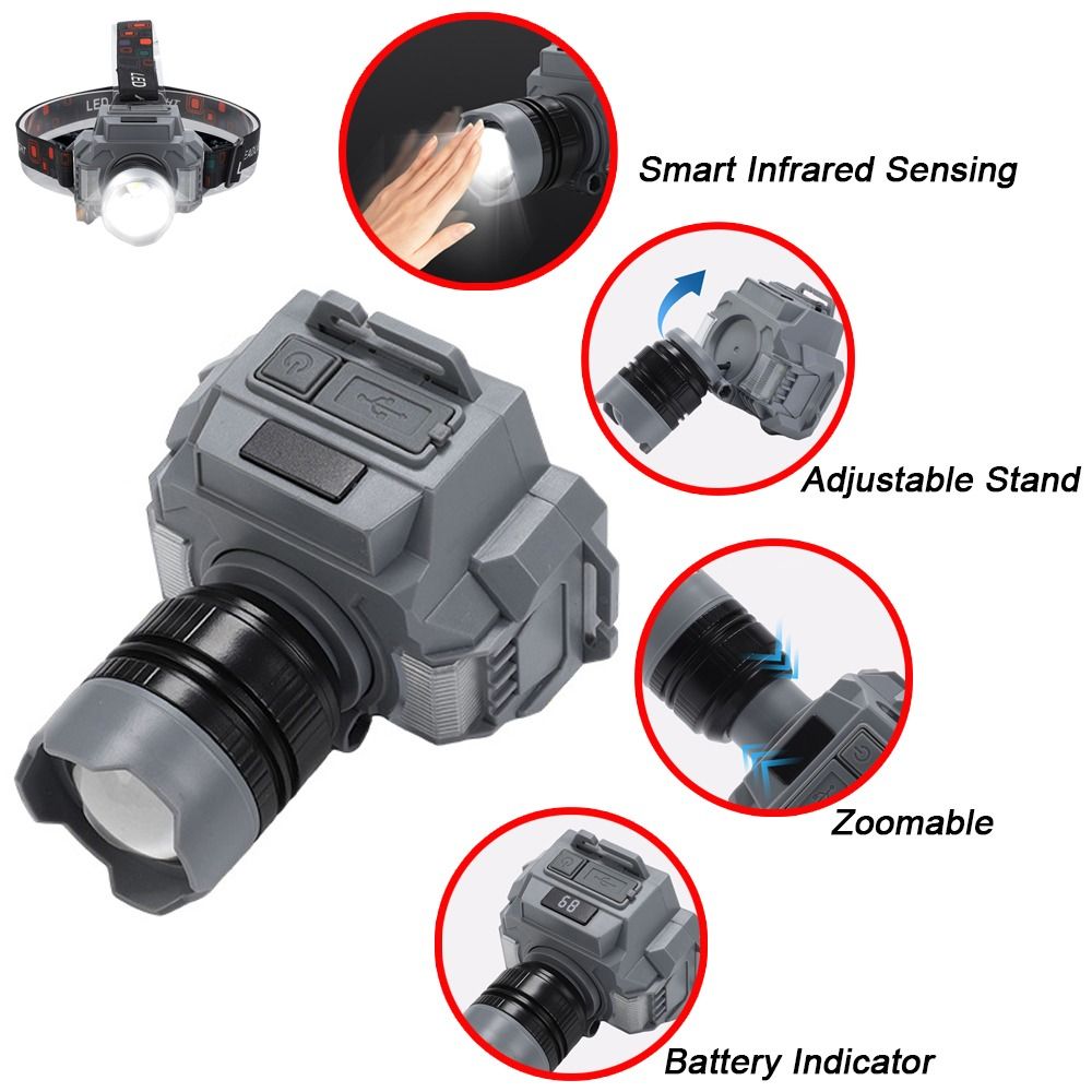 With Display Multifunctional LED Headlight Infrared Sensing Rechargeable Zoom HeadLamp Waterproof Strong Light Flashlight