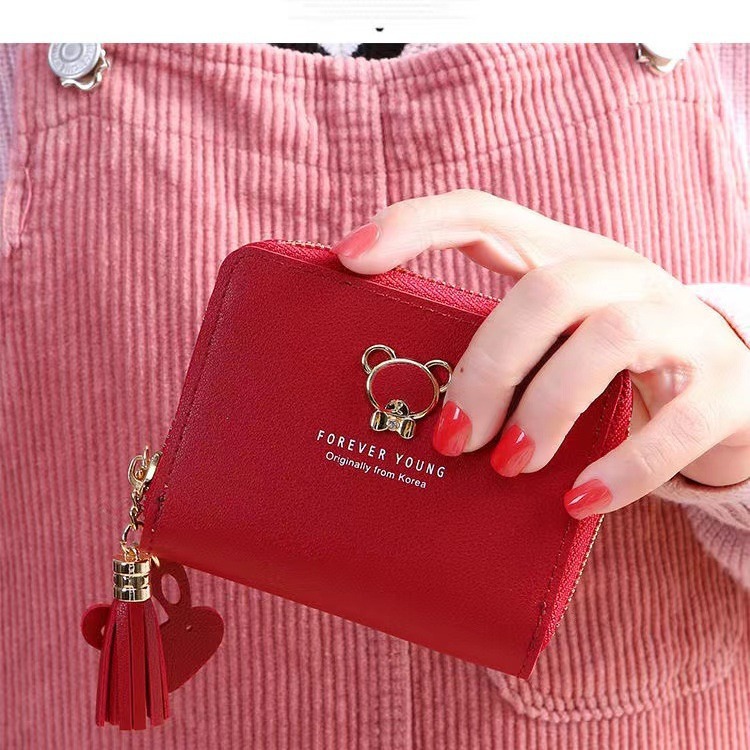 New Women's Short Wallet, Cute Cartoon Bear Design with Tassel, Small Zipper Coin Purse for Female Students