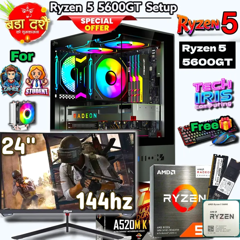 AMD Ryzen 5 5600G/GT Pairs 24" 144hz Monitor Transparent Gaming PC Setup With 800Watt PSU, Gigabyte B550M/A520M K V2 Board, 8/16GB DDR4 RAM, 1TB/512/256GB Nvme M.2 SSD Gaming CPU Desktop.