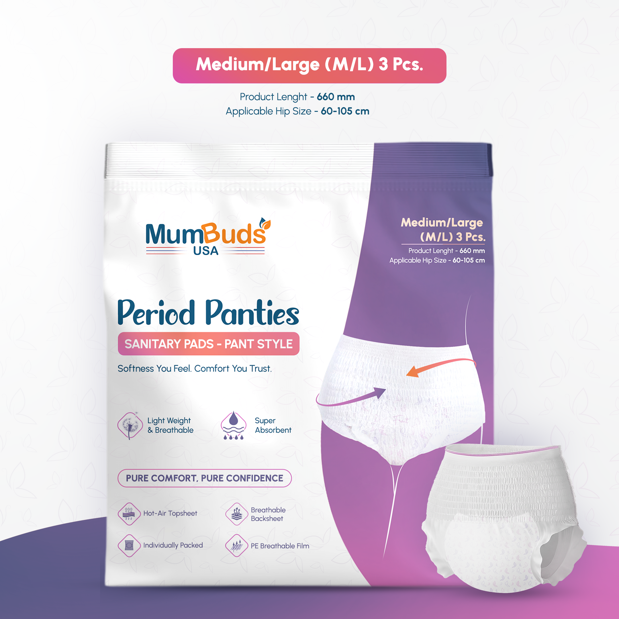 MumBuds Disposable Period Panty M/L 660 mm (60-105 cm) 3 Pcs | Super Absorbent, Breathable, Lightweight, Leak Protection & Individually Packed - image 1