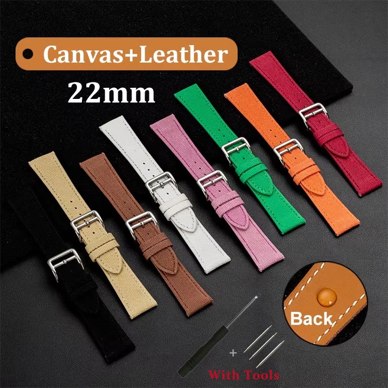 22mm Nylon Leather Watch Strap Canvas Soft Waterproof Sport Band Women Men Universal Replacement Belt Bracelet for Samsung Galaxy with Tool