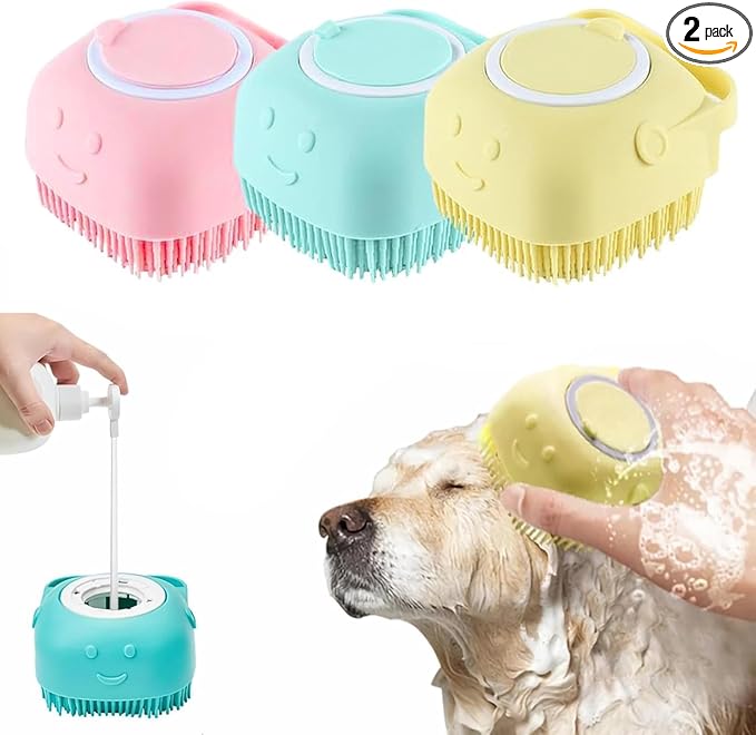 Dog Grooming Brush, Pet Shampoo Bath Brush Soothing Massage Rubber Dog Bath Brush, Pet Massage Brush Shampoo Dispenser, Soft Silicone Brush Rubber Bristle for Dogs and Cats