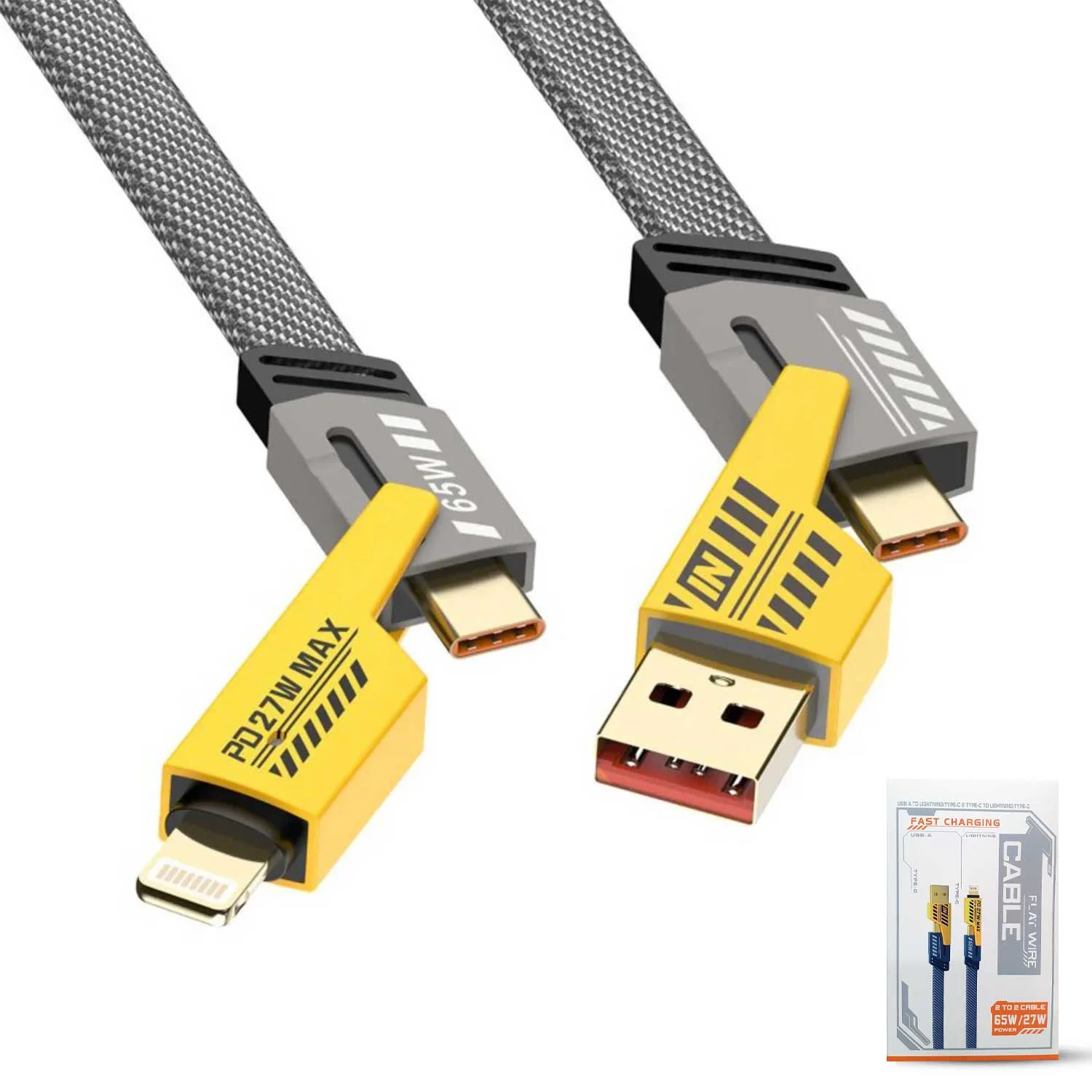 Smart Choice Metal USB Charging Cable Nylon 4 in 1 Fast Charging Cable (Type C/USB A/Lightning) Dual Type C PD 27W 65W Nylon Braided Cable | Flat Braided i-Phone Charging Cable with Velcro Multi Charging Cable Combo Type C/USB-A Ports