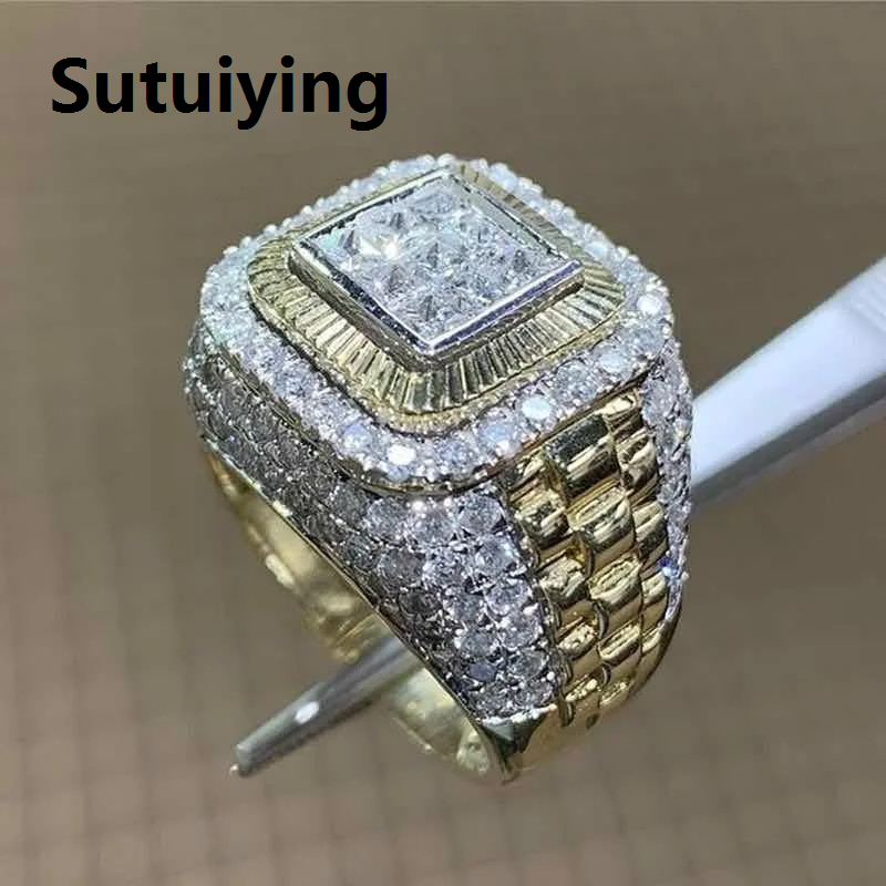 Sutuiying Domineering Gold Color Hip Hop Ring for Men Women Fashion Inlaid White Zircon Stones Punk Wedding Ring Jewelry