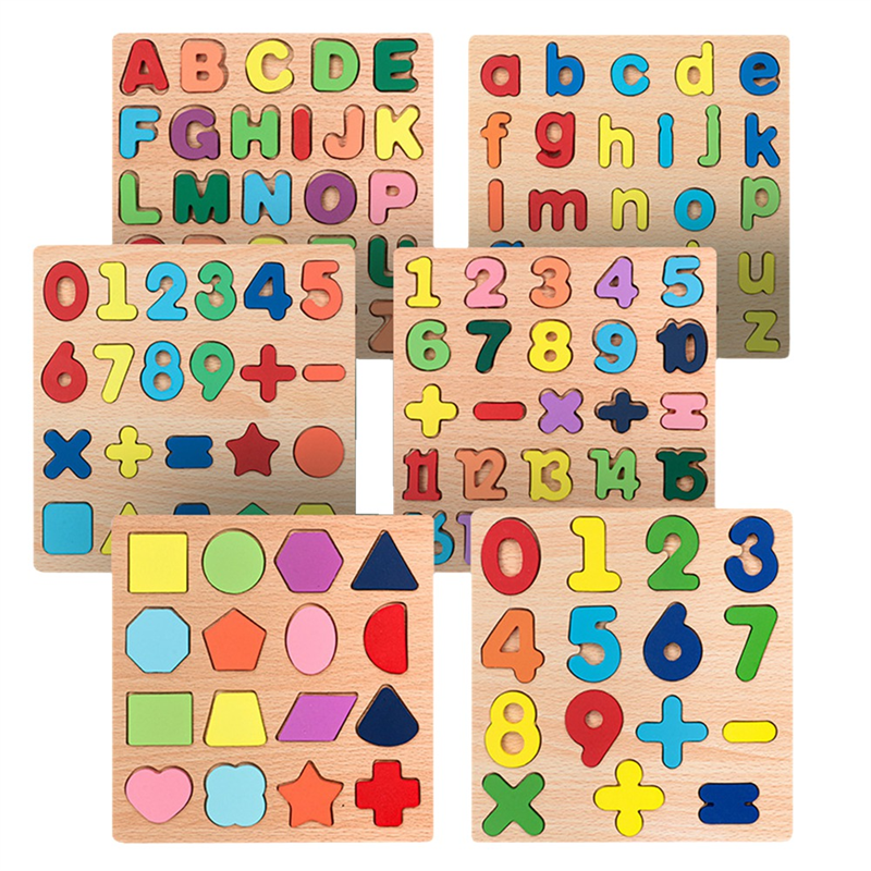 JAERBEE Wooden Puzzles for Children, Wooden Numbers, Letters, Geometric Figures, Building Blocks, Hand Grab Board Toys