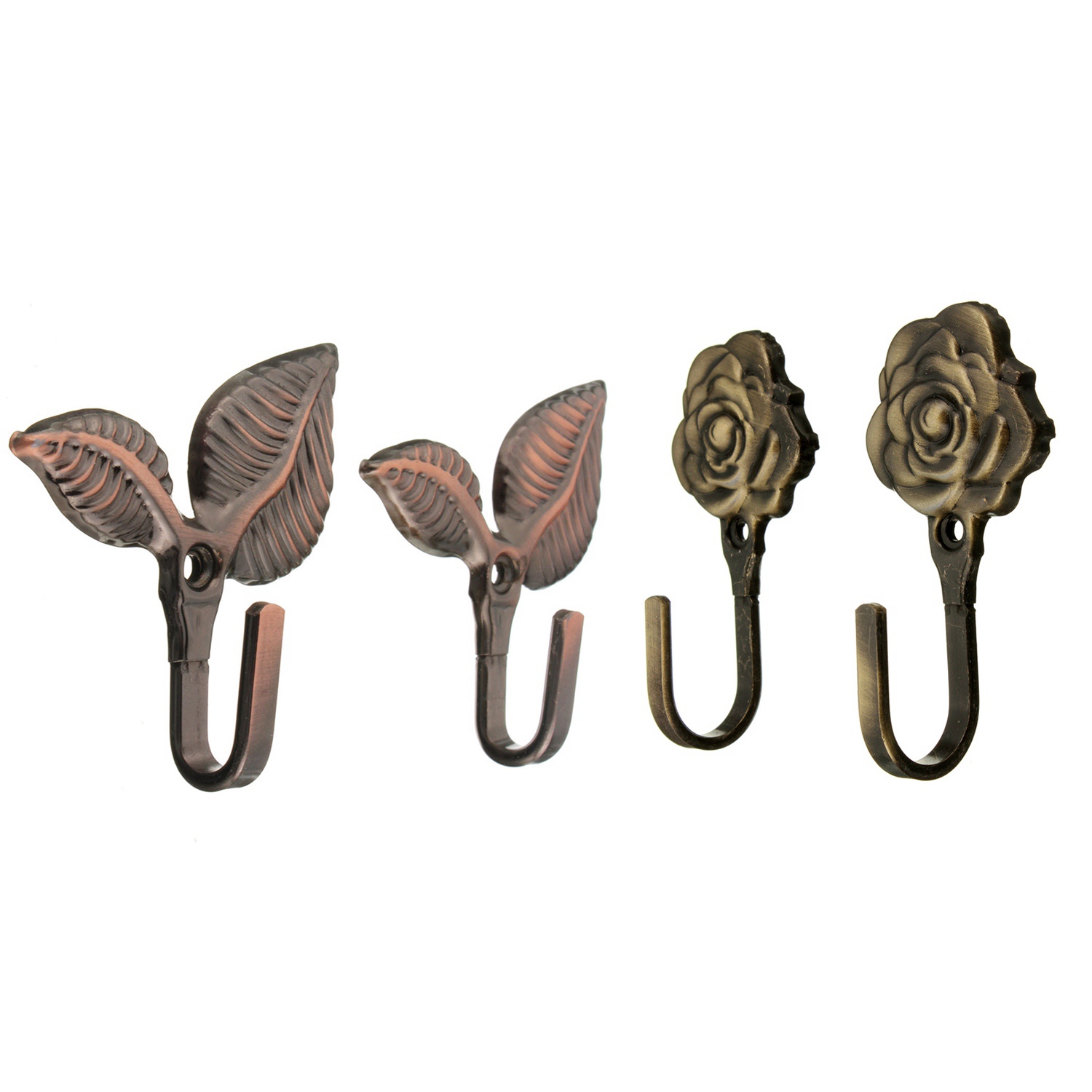 fasdaga 2 Pair Wall Hooks: 1 Pair Metal Rose Flower Curtain Tie Back Tieback Holders Wall Hooks & 1 Pair Iron Leaf Shaped Curtain Tie Backs Holders Wall Hooks