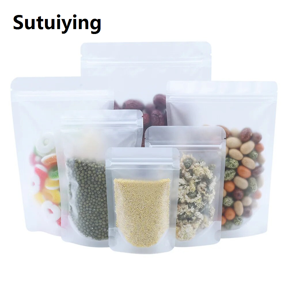 Sutuiying transparent bag 100pcs Frosted Plastic Transparent Bags Stand Up Zip Lock Pouches Food Packaging Bag for Bean Grains Tea Storage with Tear Notch