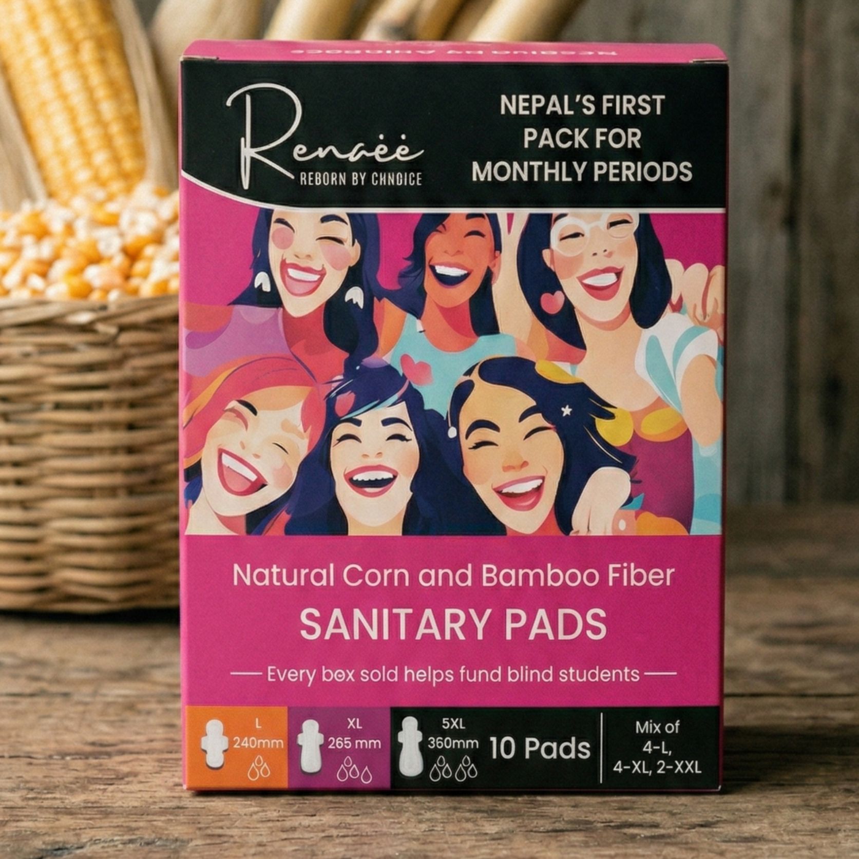 Renaee Nepal's first All in one combo box | L,XL,XXL | Ultra-thin | Sensitive Sanitary Pads | Rash-Free | Corn and Bamboo fibers Top Sheet l Feather soft l 10 pieces