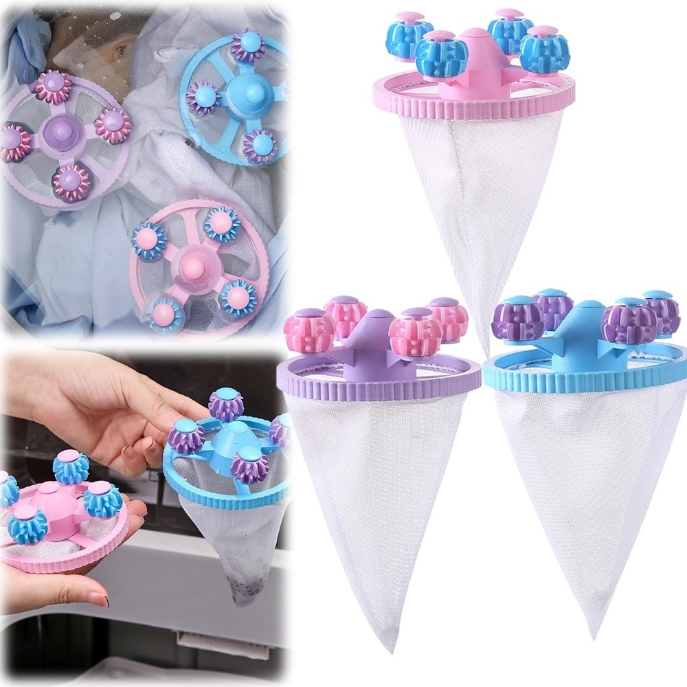 3pcs New Reusable Pet Hair Remover with Net Bag Multi-color Lint Catcher Floating Design 4 Rollers Laundry Pet Hair Catcher Remover Pet Hair
