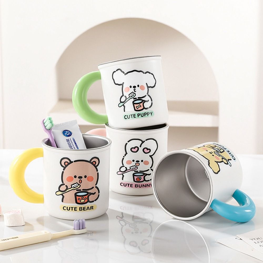 Smooth Surface Stainless Steel Mouthwash Cup with Handle Comfortable Grip Children's Rinsing Mug Heat-resistant Cute Pattern Cartoon Water Cup Dormitory