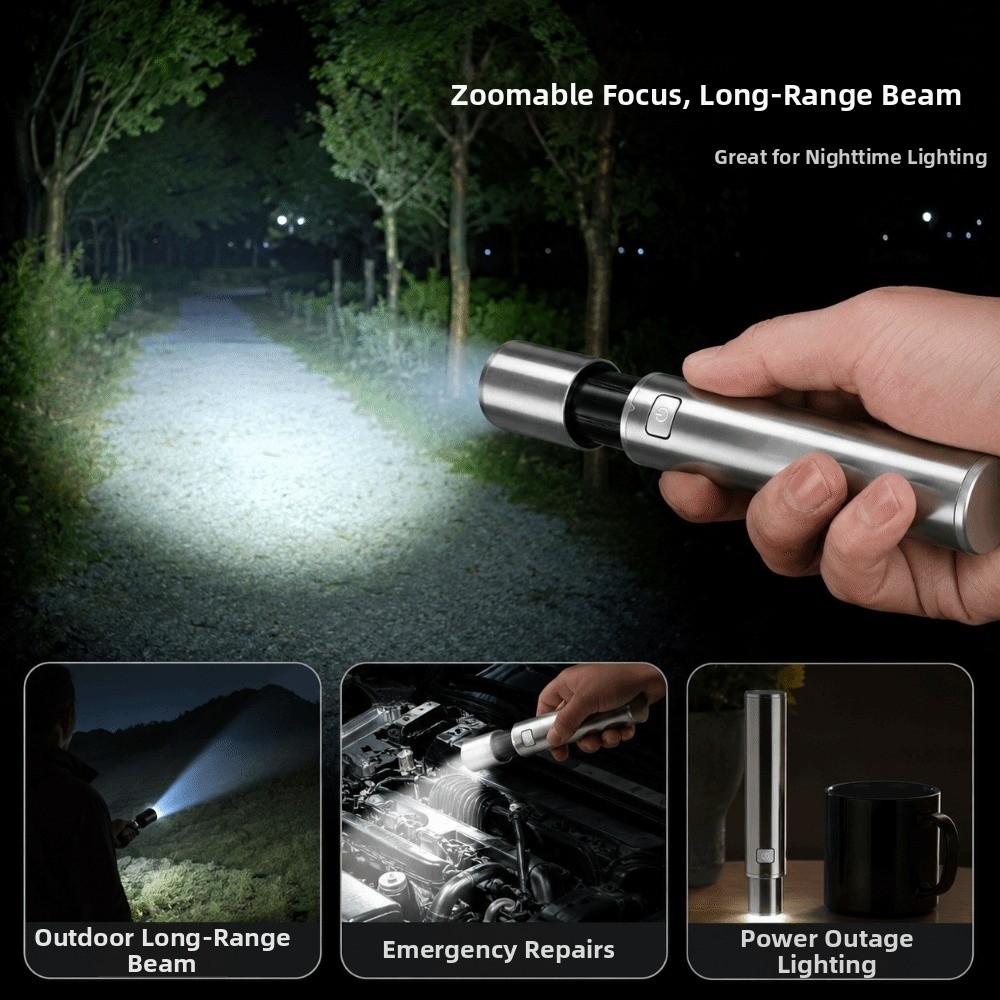 Work Flashlight Super Bright Telescopic Zoom Flashlight Rechargeable Stainless Steel Strong LED Flashlight Multifunctional Waterproof Handheld Torch Camping