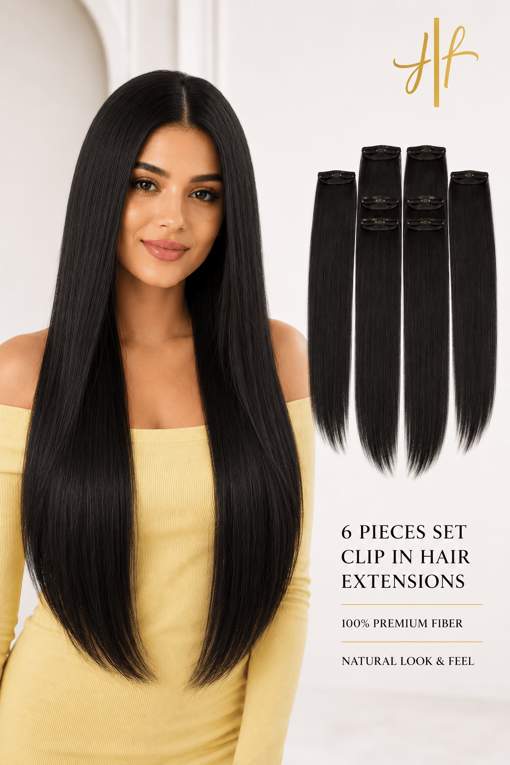 Himalayan Hairs | 6 Piece Clip-In Hair Extension Set 60CM (2 Clip) | Synthetic Hair | Golden Highlight & Natural Black