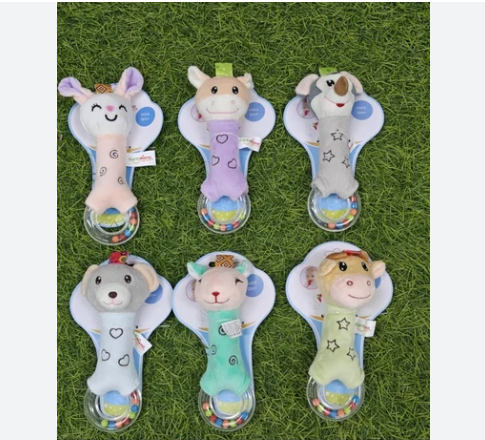 Soft Baby Plush Rattle Toy with Squeaker & Bell - Cute Animal Handheld Toy for Infant Sensory Development