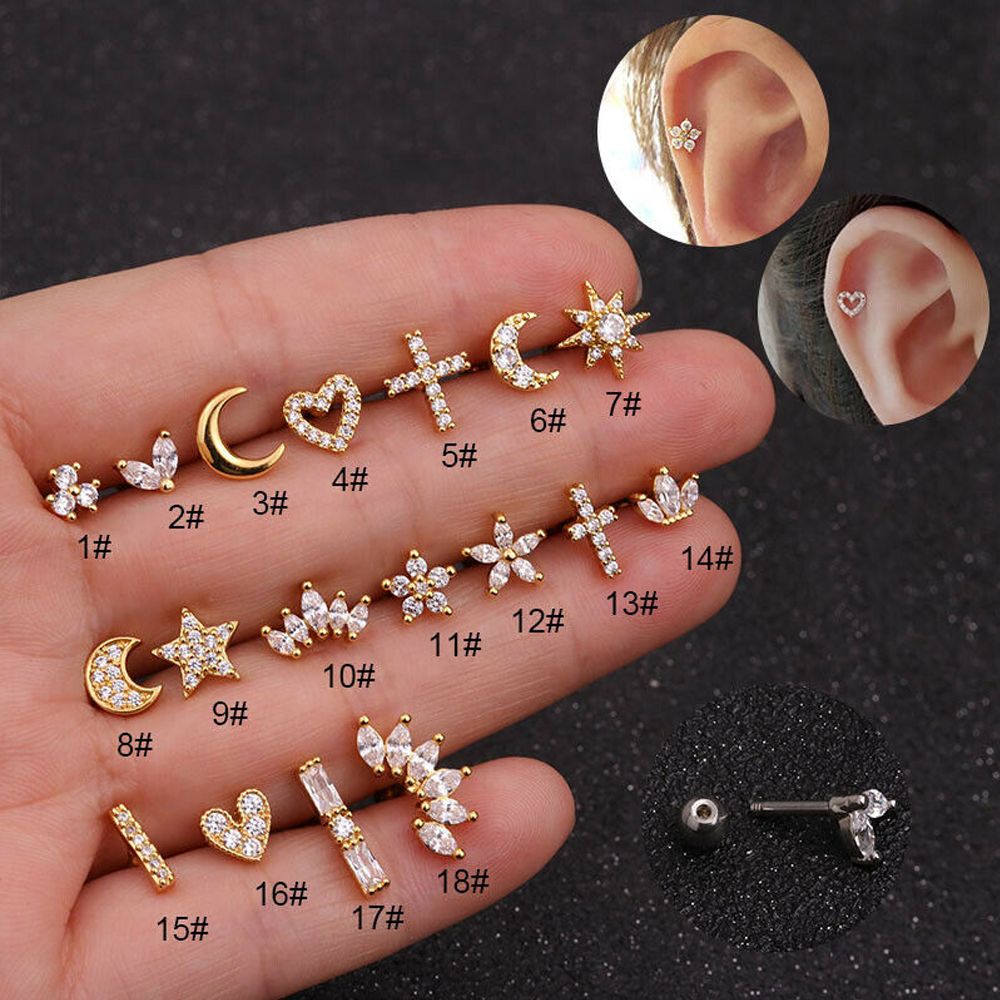 1PC Punk Rock Cartilage Helix Tragus Star Moon Heart Silver Gold Color CZ Ear Piercing Body Jewelry Stud Earrings