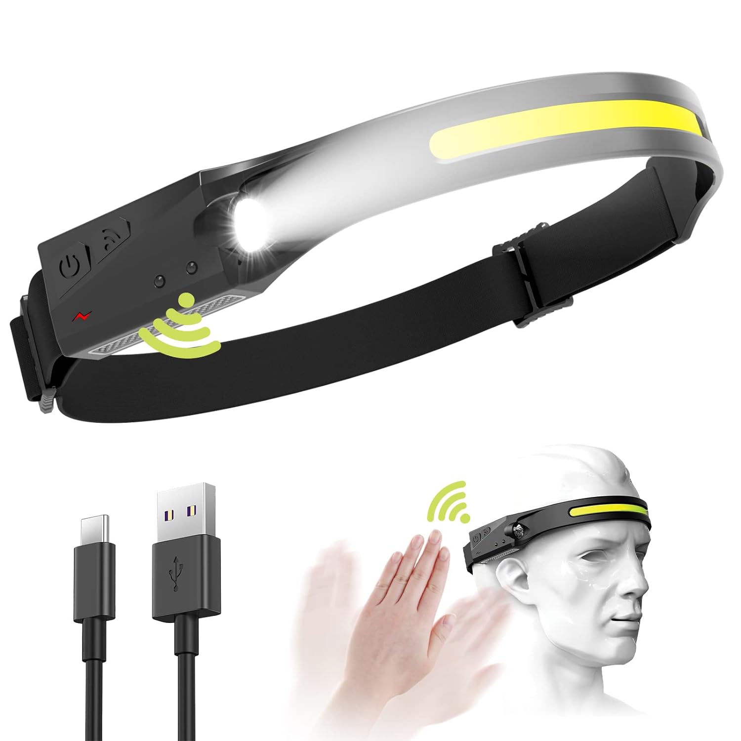 USB Rechargeable Floodlight COB LED Sensor Headlight with Built-in Battery Flashlight
