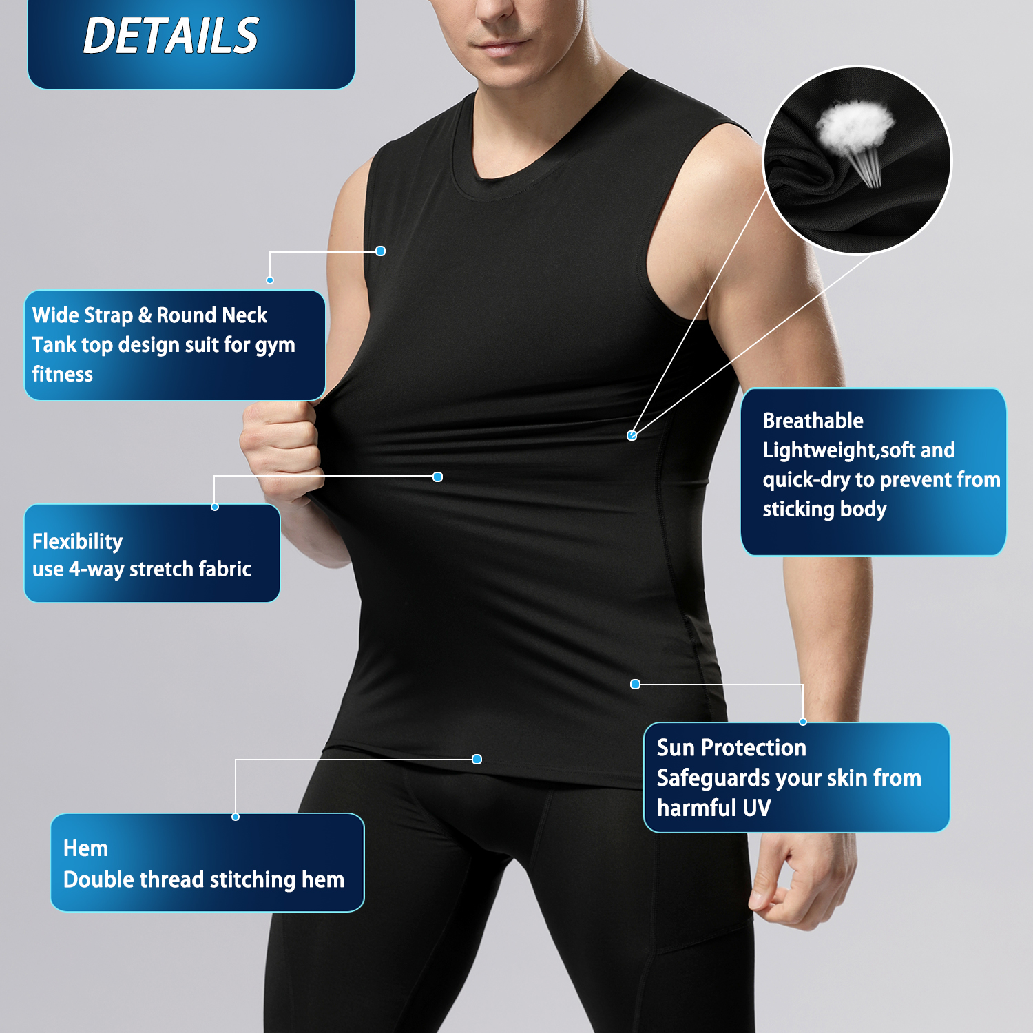 Clothes fit: slim fit, sport, sleeveless, men's fitness stretch tracksuits, cycling, jogging, fitness vests, breathable, wide shoulders, quick drying