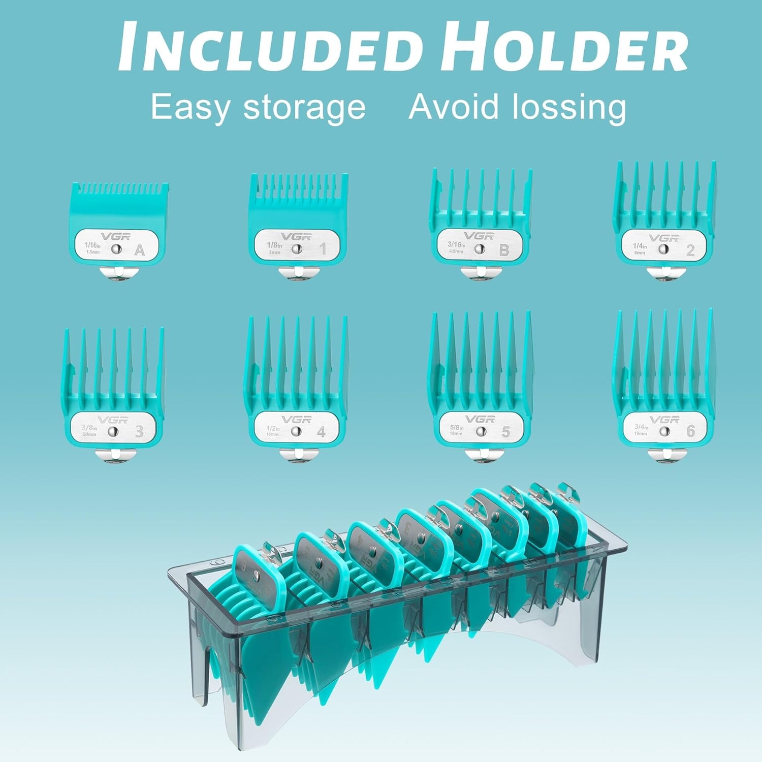 VGR Professional Magnetic Clipper Guide Combs Set (1.5mm-19mm) | Durable 8-Piece Metal Attachments For Precision Hair Trimming & Styling (Green)