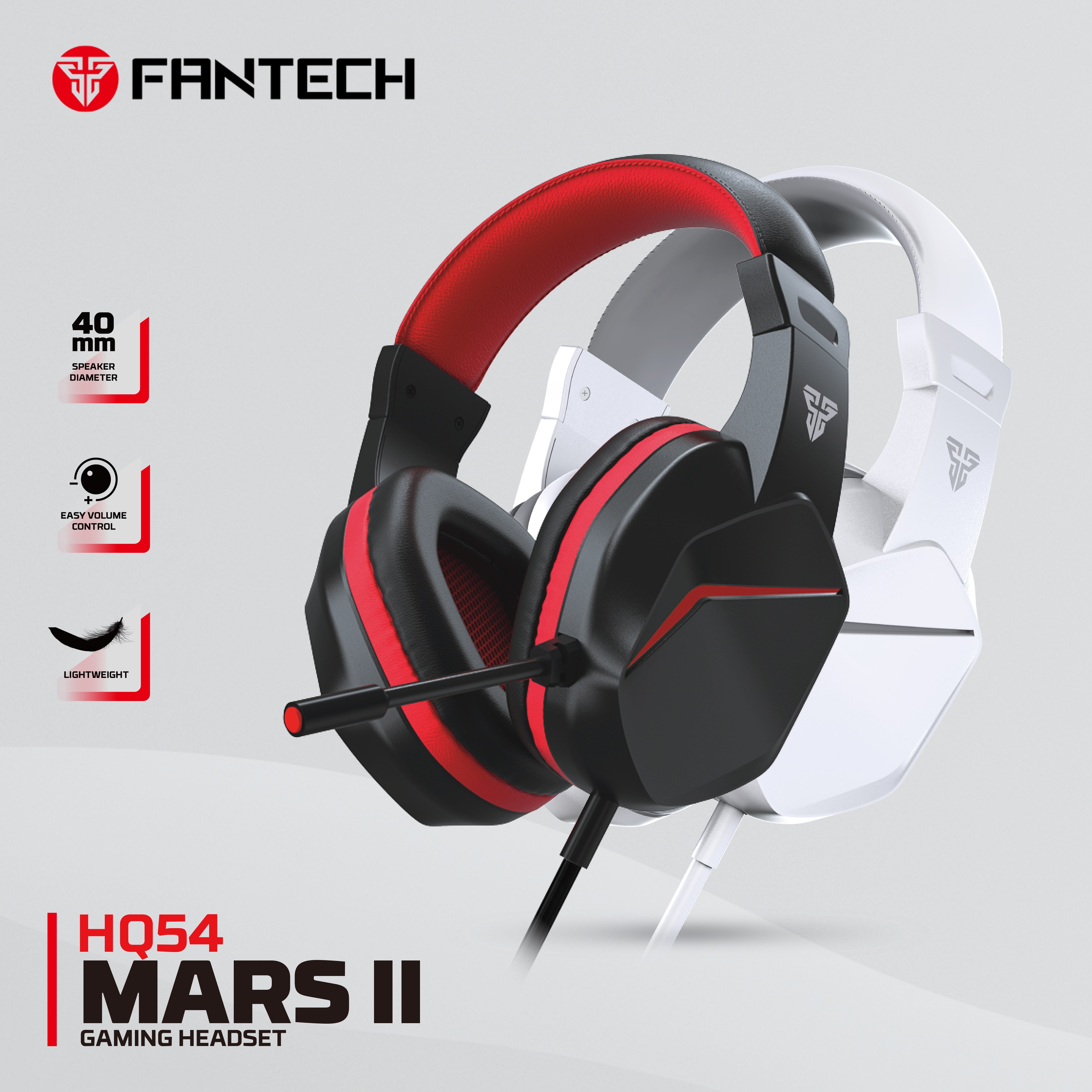 Fantech MARS II HQ54 New Wired Gaming Headset with 40mm Drivers, Noise-Canceling Mic, Multi-Platform Compatibility for PC/Laptop