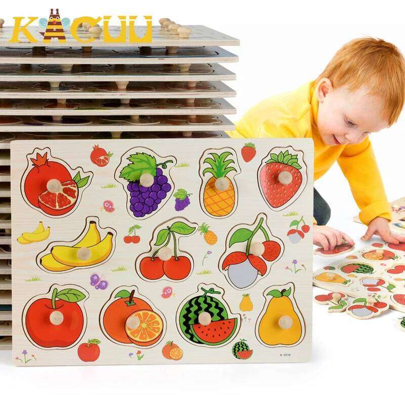 Montessori Wooden Hand Grab Boards Tangram Jigsaw Baby Educational Toys Cartoon Vehicle Animals Fruits 3D Puzzles