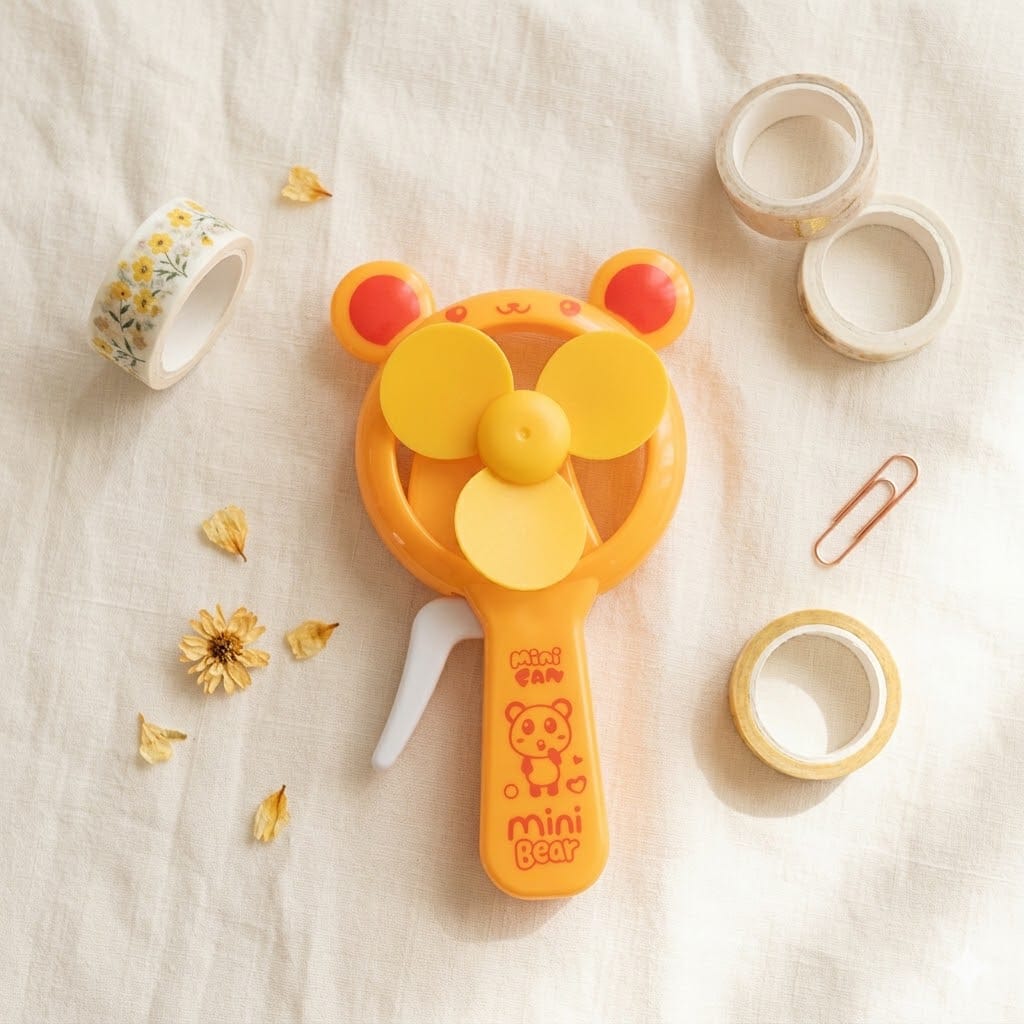 Mini Bear Hand Fan - Cute Cartoon Non-Electric Handheld Fan for Kids, Lightweight & Compact for School Bag, Outdoor & Travel | No Battery Needed (Pink / Blue / Orange / Yellow)