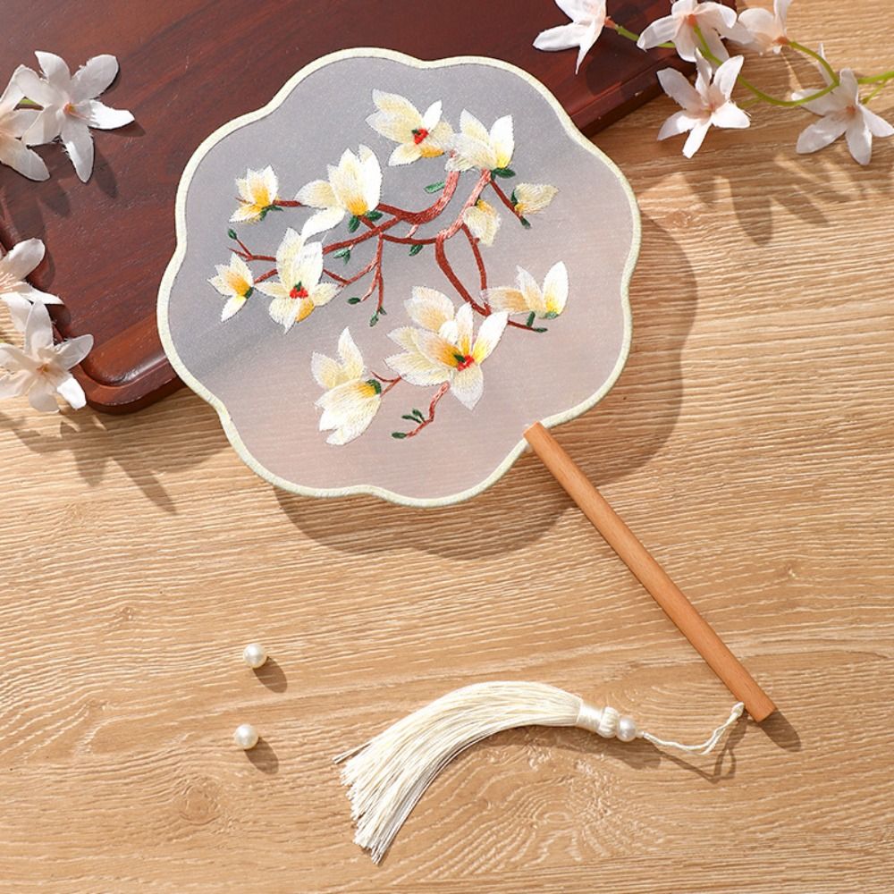 Group Fan Handheld Chinese Style Embroidery Fan with Tassels Pendant Floral Pattern Silk Fan Ancient Vintage Tuan Fan Photography Prop