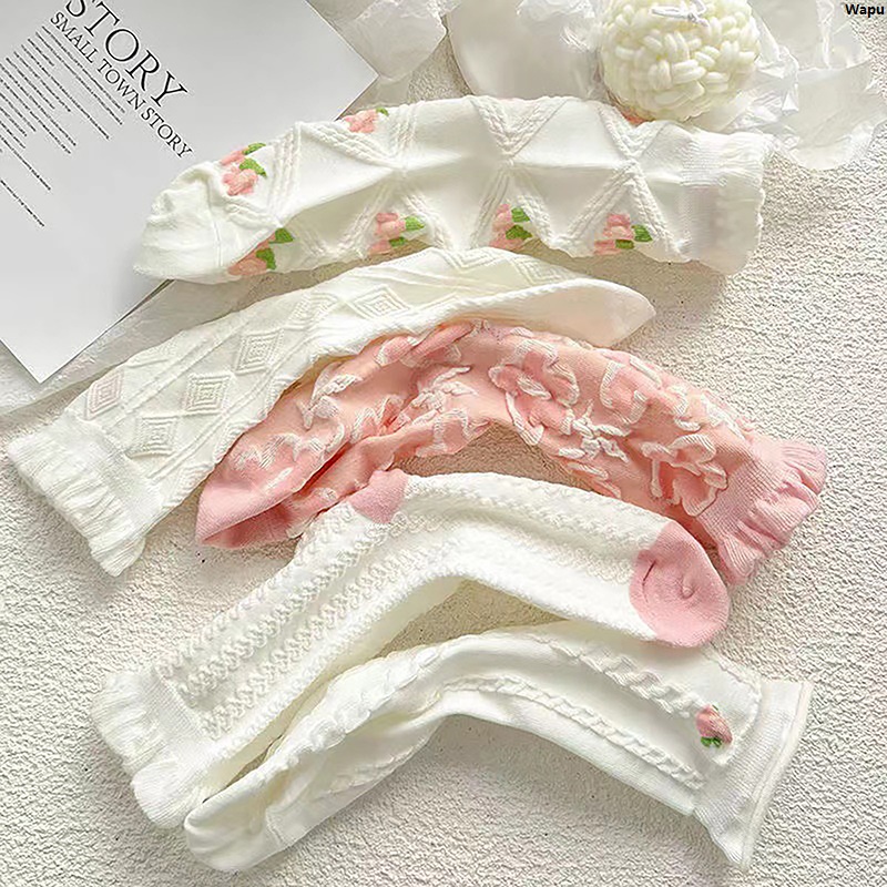 WapuNew style Sideband socks pink cotton socks lace ladies white harajuku pair 5 cute lolita socks set spring summer style ruffles