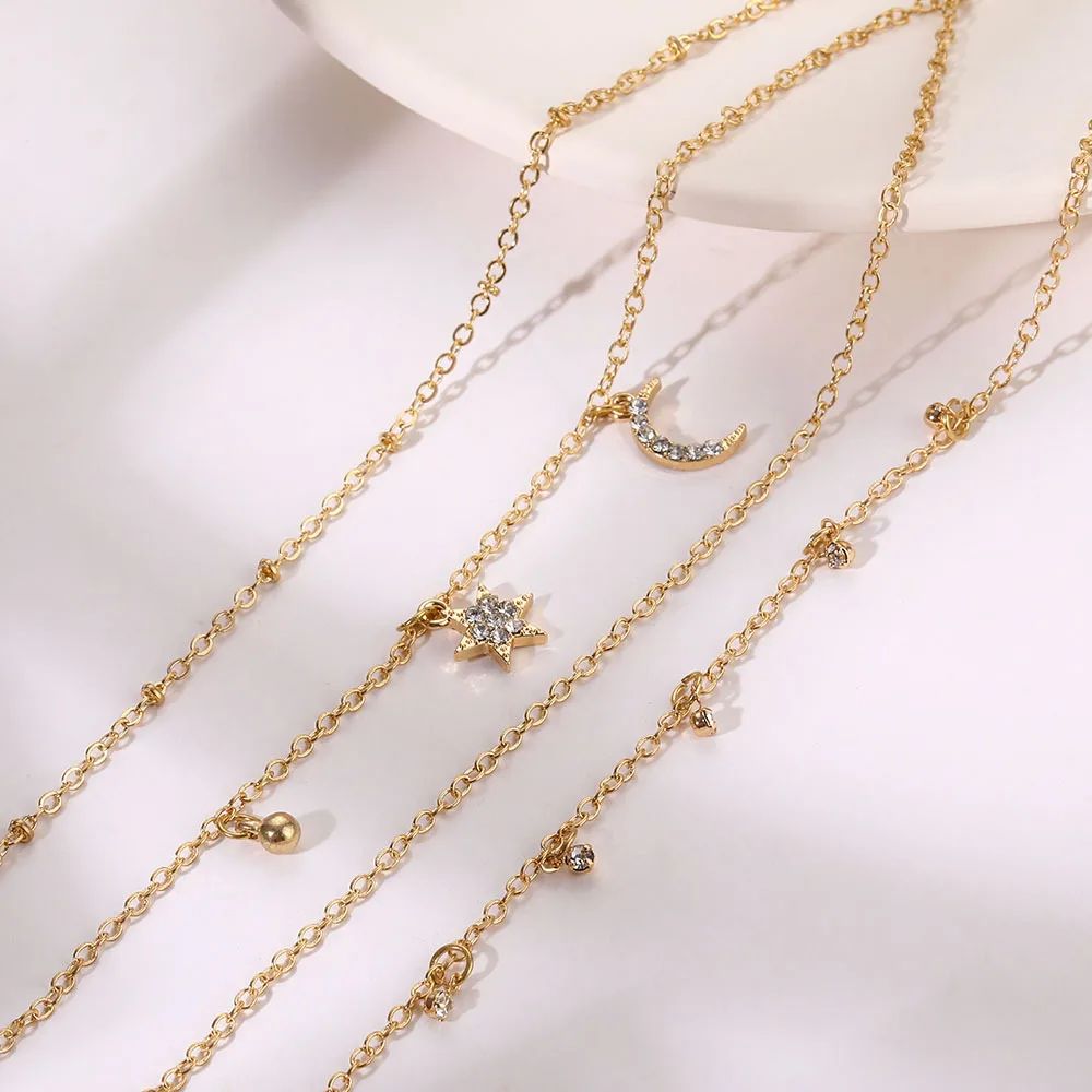 New Retro Multi Layered Star Moon Rhinestone Pendant Boho Accessories Fashion Jewelry Women Versatile Anklet