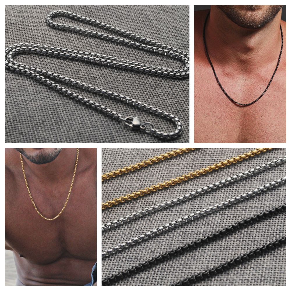 Hot 3mm Gold/ Black/ Silver Men Necklace Square Beads Box Chains Titanium Steel