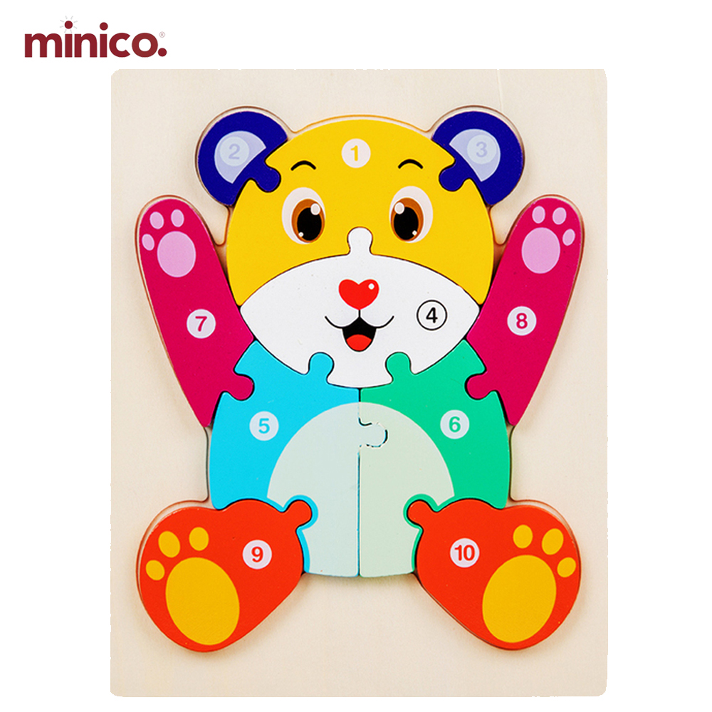 Minico Wooden Bear Jigsaw Puzzle for Kids - Educational Montessori Number Learning Toy (1-10) - Eco-Friendly 3D Animal Puzzle for Toddlers & Preschool Brain Development (18cm x 22.5cm)