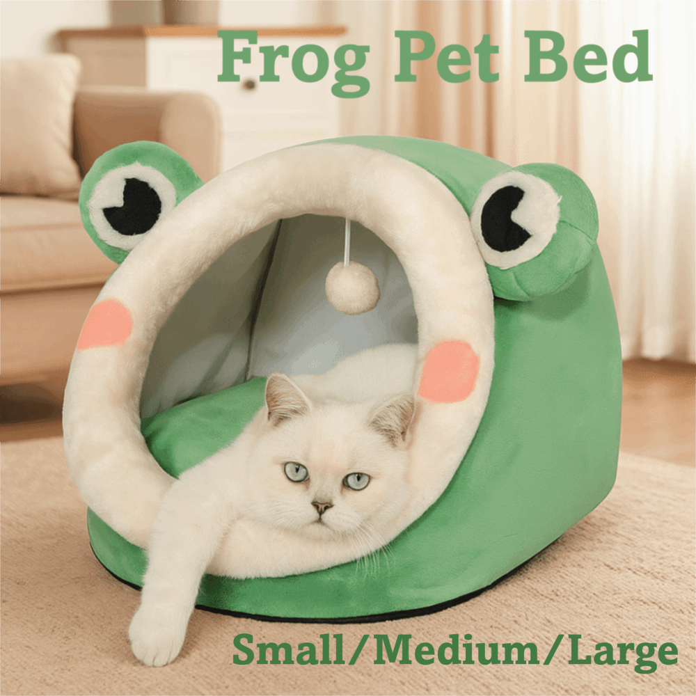 Cute Comfort Cat Dog Bed Green Frog Warm Pet House Plush Cave Design Sleeping Nest Bed For Puppy Kitten