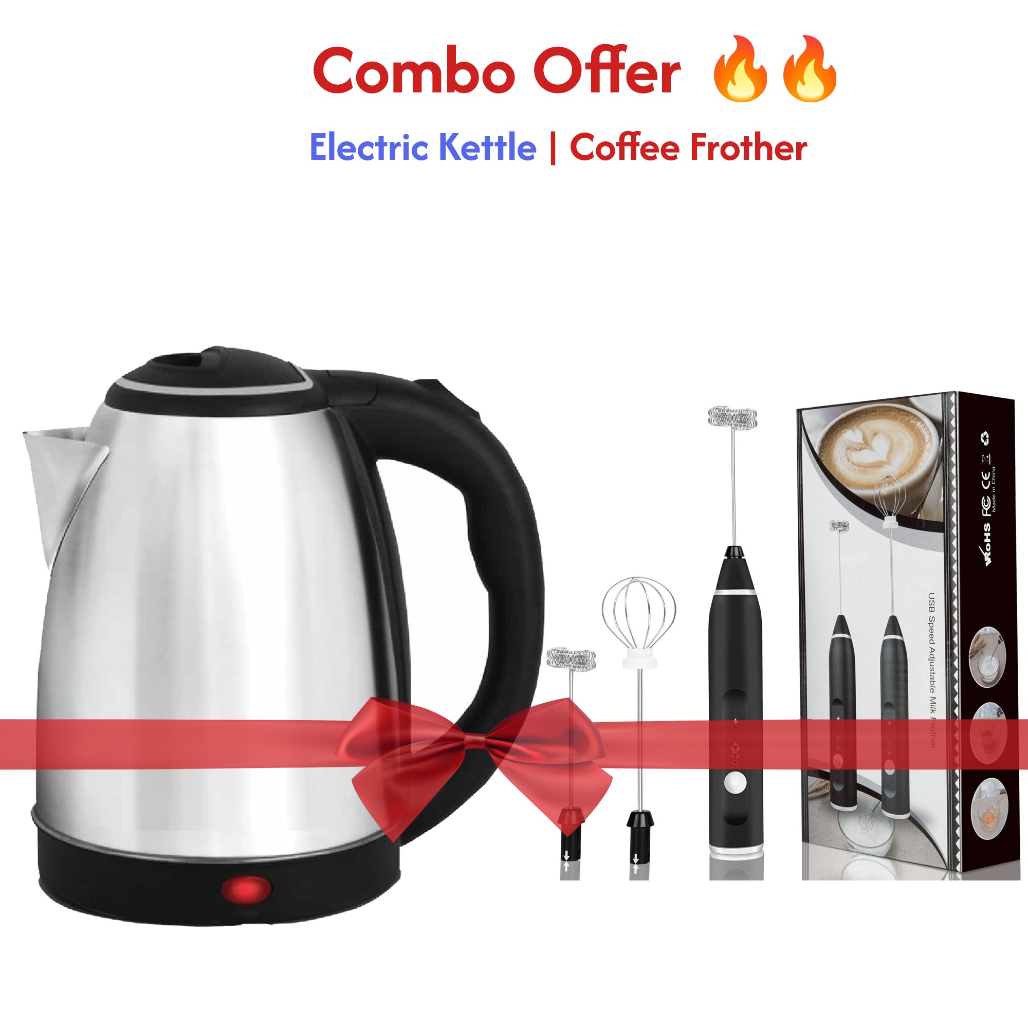2-in-1 Combo: Electric Kettle 1.8L Stainless Steel Boiler for Tea, Coffee & Soup + Wireless Electric Handheld Milk Frother & Blender for Cappuccino