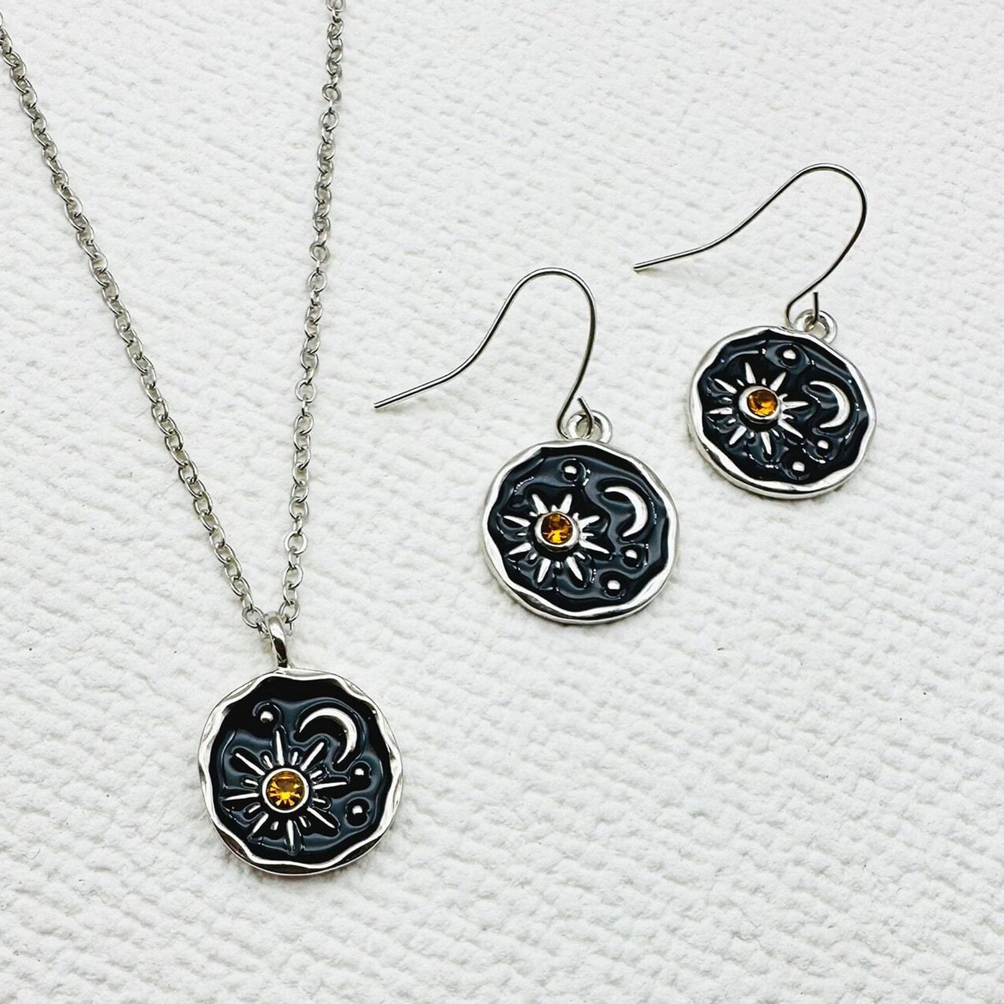 Spunky Add-ons Sun and Moon Heart Necklace and Earrings Jewelry Set 3pcs
