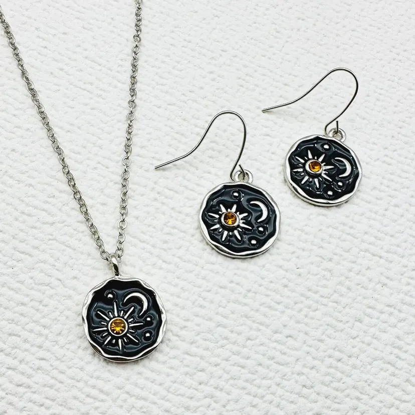 Spunky Add-ons Sun and Moon Heart Necklace and Earrings Jewelry Set 3pcs