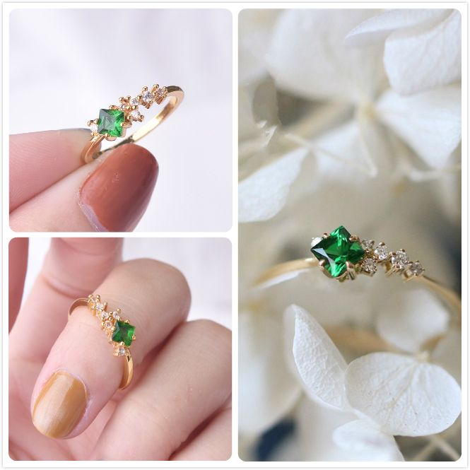 【Qian poem li Store】ROMAD Dainty Stone Zircon Rings For Wo Stone Ring Party Jewelry Green Crystal Zircon Ring Retro anillos R5