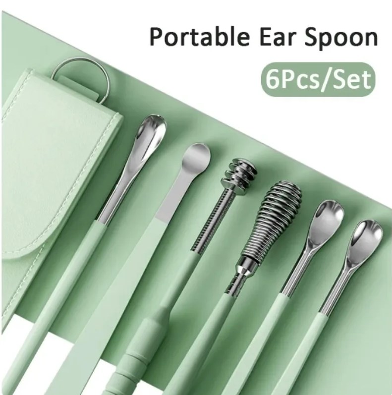 6PCS Ear Pick Cleaning Set Spiral Tool Spoon Ear Wax Remover Cleaner Curette Kit