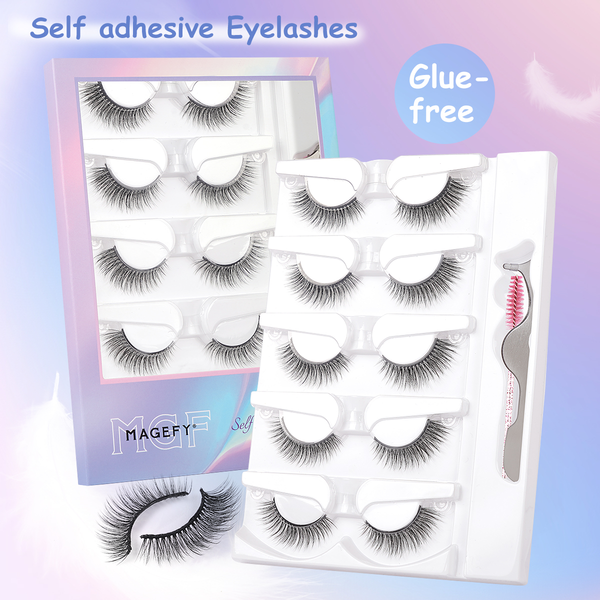 MAANGE MAGEFY 5 Pairs 3D Reusable, Self-Adhesive, Natural, Waterproof Glue-Free False Eyelashes with Tool Kit MGY7913